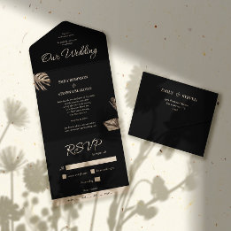 Black and Gold Modern Stylish Botanical Wedding All In One Invitation