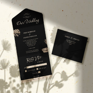Black and Gold Modern Stylish Botanical Wedding All In One Invitation