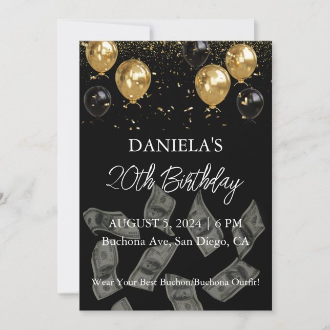 Black and Gold Money Birthday Party Invitation  (Front)