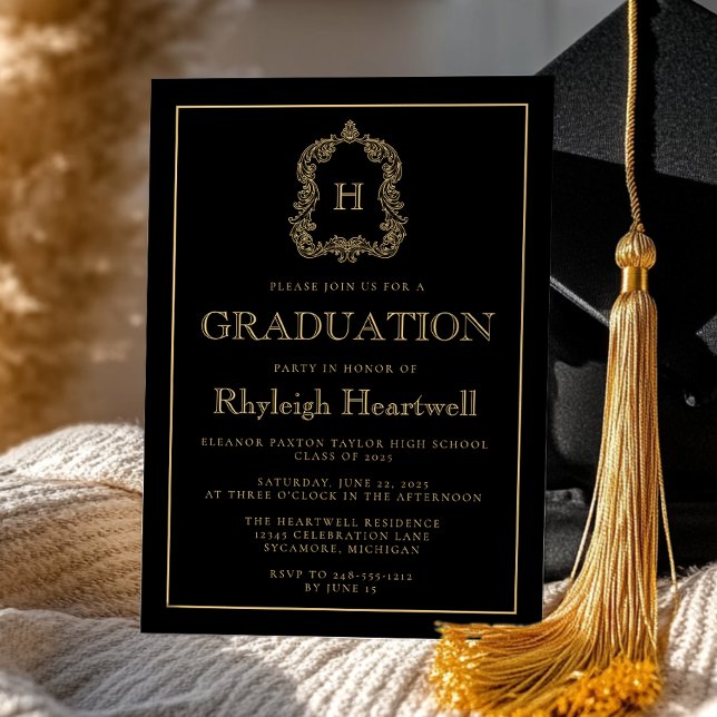 Black and Gold Monogram Crest Graduation Party Invitation (Creator Uploaded)