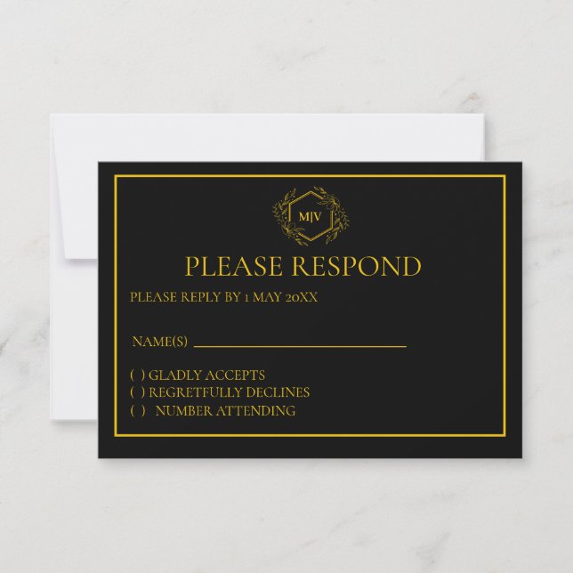 Black and Gold Monogram Crest RSVP card (Front)