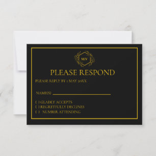 Black and Gold Monogram Crest RSVP card