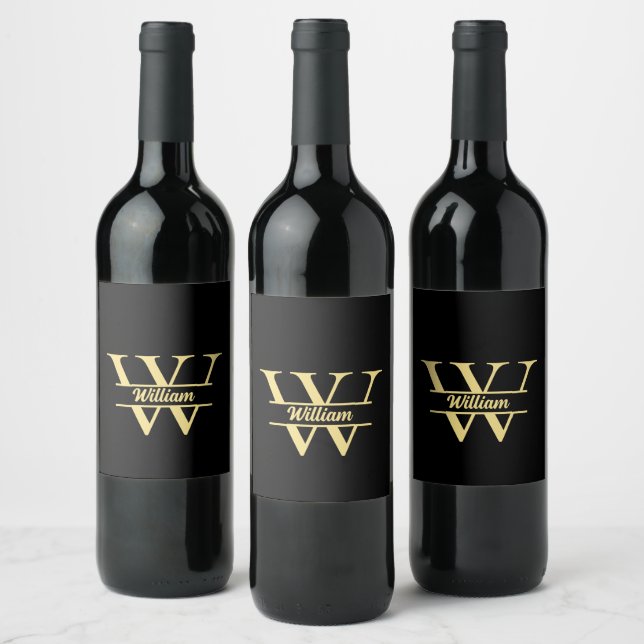 Black and Gold Monogram | Elegant Initial Name  Wine Label (Bottles)