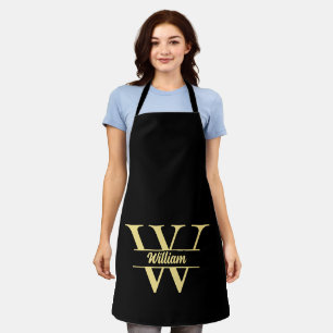  Black and Gold Monogram   Elegant Initial Script Apron