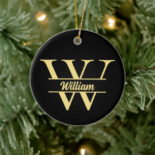 Black and Gold Monogram Elegant Initial Script Ceramic Ornament