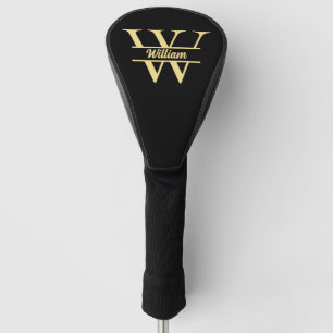 Black and Gold Monogram Elegant Initial Script Golf Head Cover