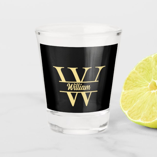  Black and Gold Monogram | Elegant Initial Script Shot Glass (Front)