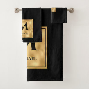Black and Gold Monogram Elegant Luxury Bath Towel Set
