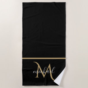 Black and Gold Monogram Elegant Luxury  Beach Towel