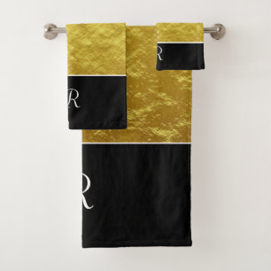 Black and Gold Monogram Initial   Bath Towel Set