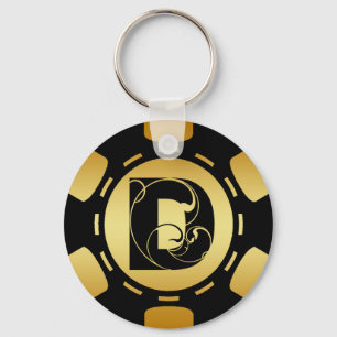 BLACK AND GOLD MONOGRAM LETTER D POKER CHIP KEYCHAIN
