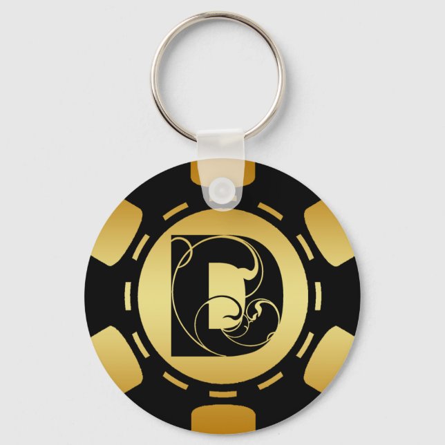 BLACK AND GOLD MONOGRAM LETTER D POKER CHIP KEYCHAIN (Front)
