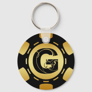 BLACK AND GOLD MONOGRAM LETTER G POKER CHIP KEYCHAIN