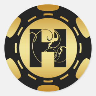 BLACK AND GOLD MONOGRAM LETTER H POKER CHIP CLASSIC ROUND STICKER