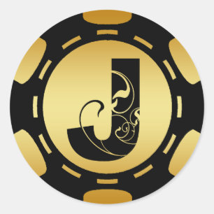BLACK AND GOLD MONOGRAM LETTER J POKER CHIP CLASSIC ROUND STICKER
