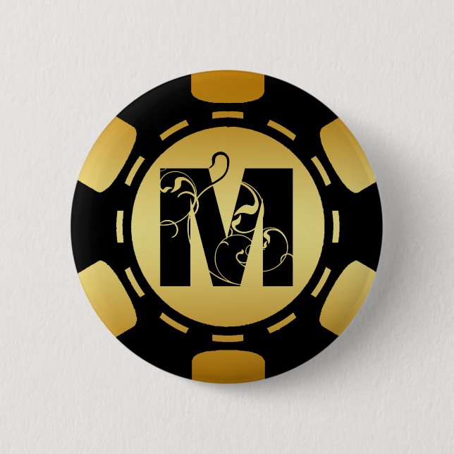 BLACK AND GOLD MONOGRAM LETTER M POKER CHIP 2 INCH ROUND BUTTON (Front)