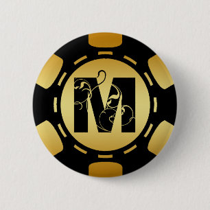 BLACK AND GOLD MONOGRAM LETTER M POKER CHIP 2 INCH ROUND BUTTON