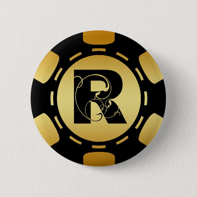 BLACK AND GOLD MONOGRAM LETTER R POKER CHIP 2 INCH ROUND BUTTON (Front)