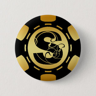 BLACK AND GOLD MONOGRAM LETTER S POKER CHIP 2 INCH ROUND BUTTON