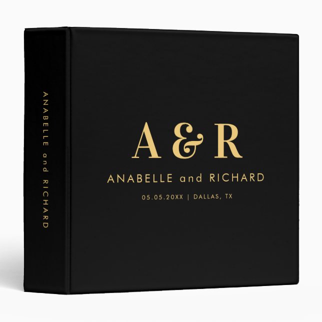 Black and Gold Monogram Minimalist Simple Wedding Binder (Front/Spine)
