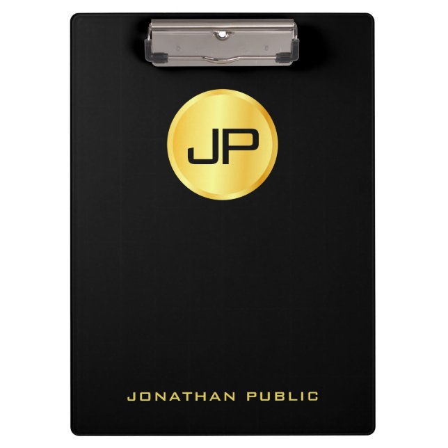 Black And Gold Monogram Modern Elegant Template Clipboard (Front)