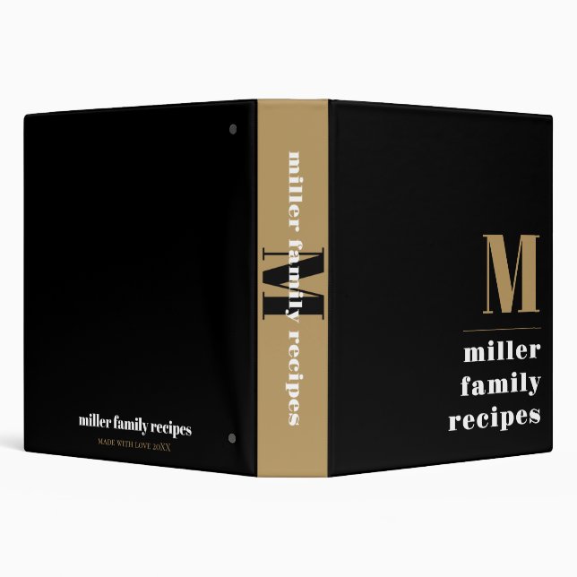 Black and Gold Monogram Name Recipe Cookbook Binder (Background)