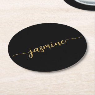 Black And Gold Monogram Name Script Chic Signature Round Paper Coaster