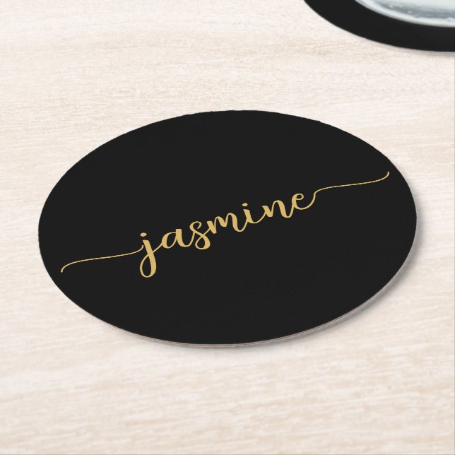 Black And Gold Monogram Name Script Chic Signature Round Paper Coaster (Angled)
