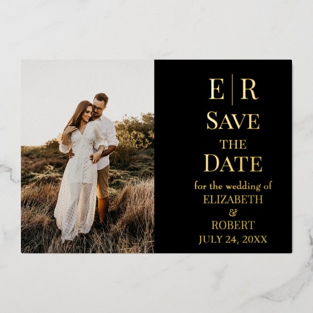Black and Gold Monogram Photo Save the Date Card (Front)