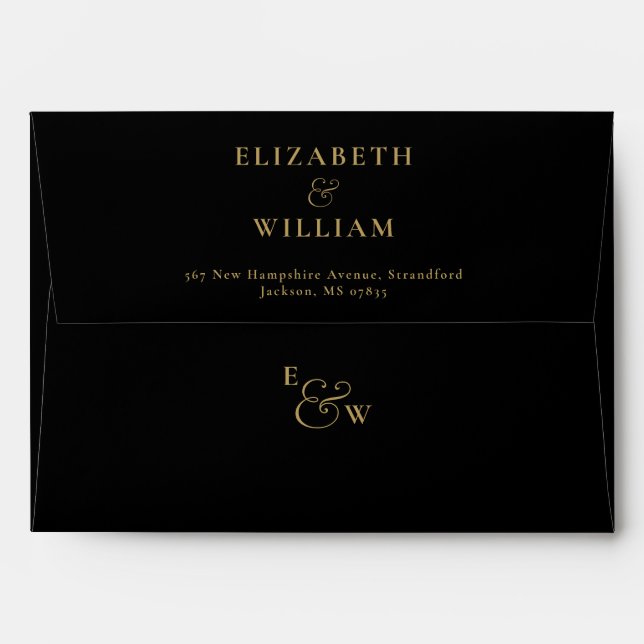 Black And Gold Monogram Return Address Envelope (Back (Top Flap))