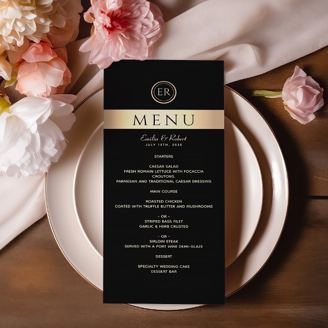 Black and Gold Monogram Wedding Menu (Creator Uploaded)