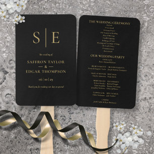 Black And Gold Monogram Wedding Program Hand Fan