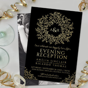 Black and gold monogram wedding reception photo