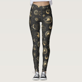 Black and Gold Moon Star Sun Astrology Art Leggings