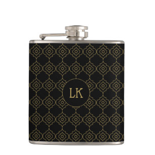 Black and gold Moroccan monogram Hip Flask