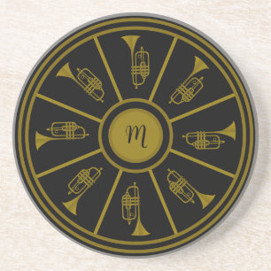 Black and gold motif with trumpets and a monogram coaster