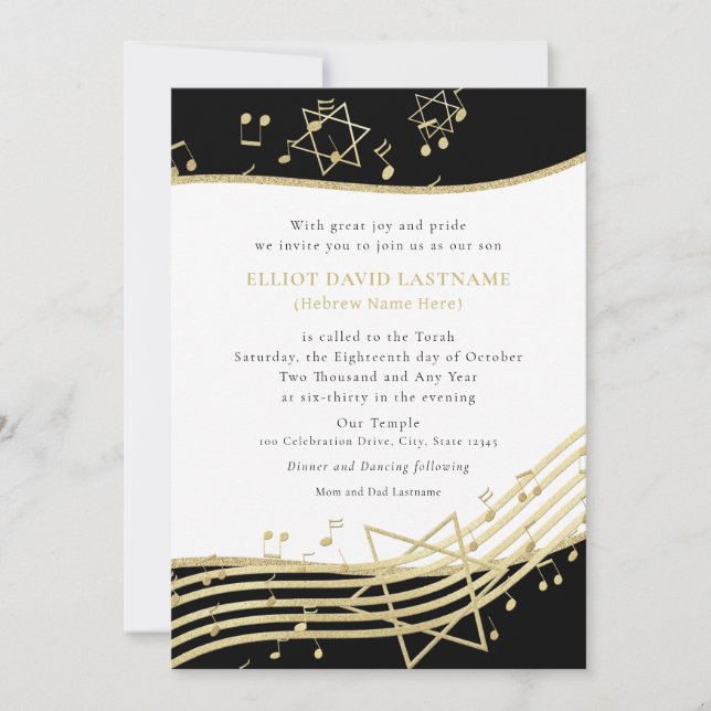Black and Gold Music Bar Mitzvah Invitation (Devant)