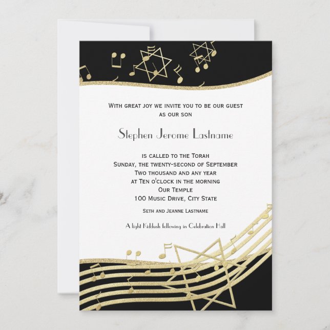Black and Gold Music Bar Mitzvah Invitation (Devant)