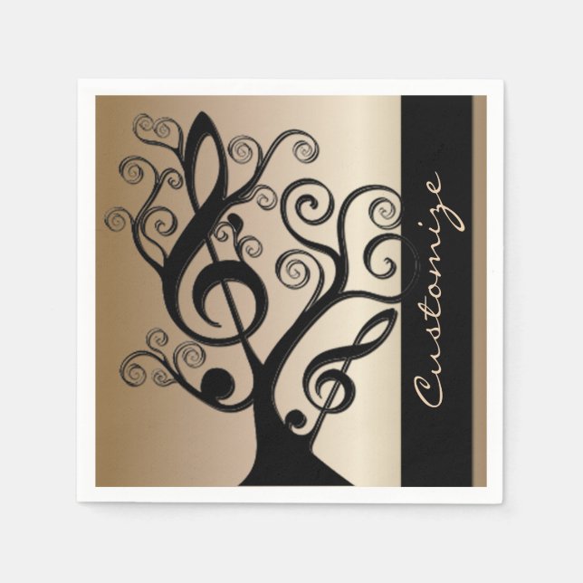 Black and Gold Music Treble Clef Tree Napkins (Front)