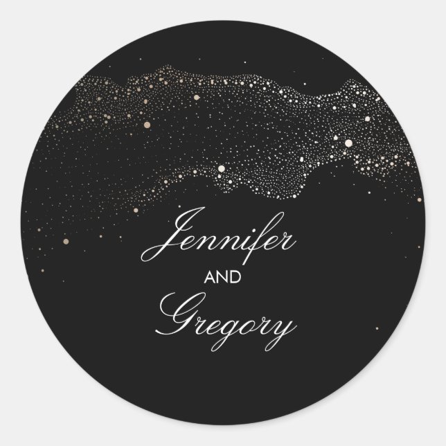 Black and Gold Night Stars Modern Wedding Classic Round Sticker (Front)