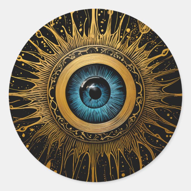 Black and Gold Occult Blue Evil Eye Starburst Classic Round Sticker (Front)