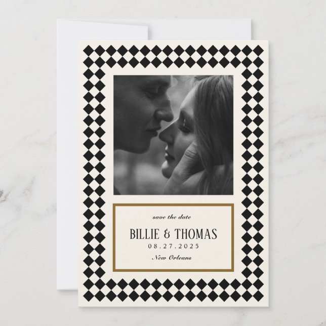 Black and Gold on Ivory Chequerboard Border Jazz Save The Date (Front)