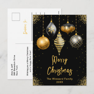 Black and Gold Ornaments Merry Christmas Holiday Postcard