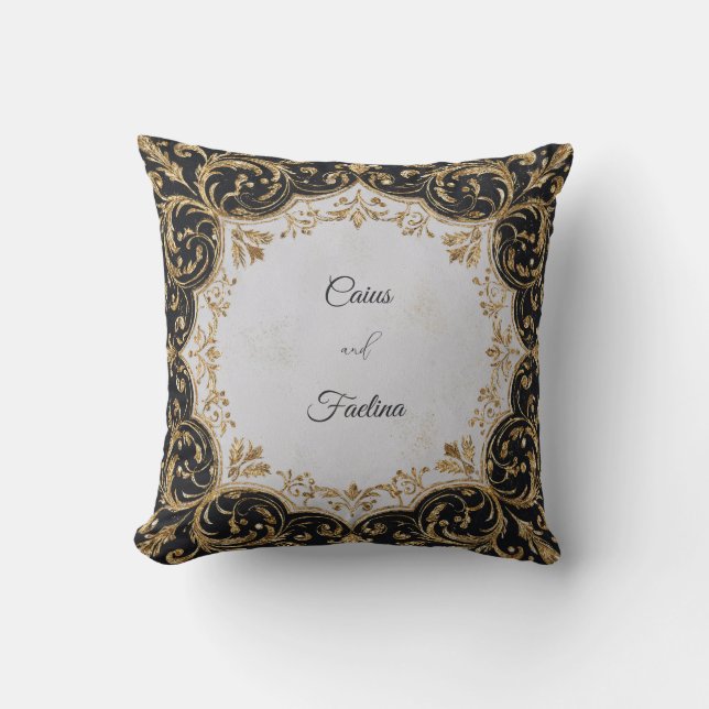 Black and Gold Ornate Frame Wedding Sticker Throw Pillow (Front)