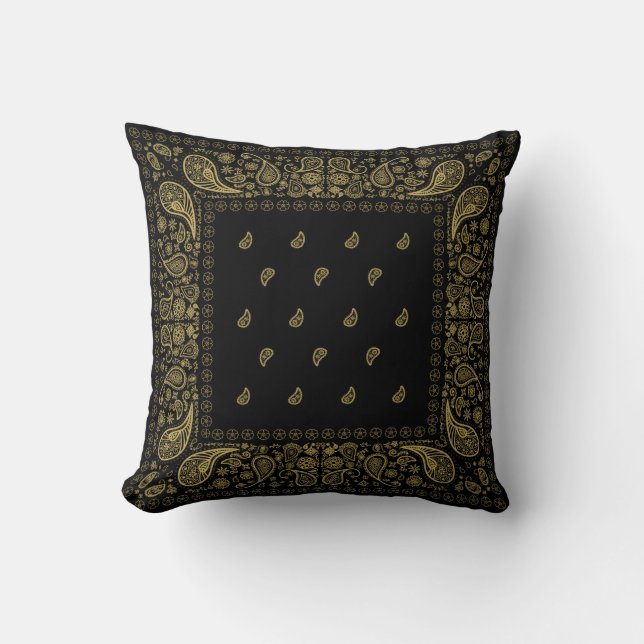 Black and Gold Paisley Design Throw Pillow (Front)