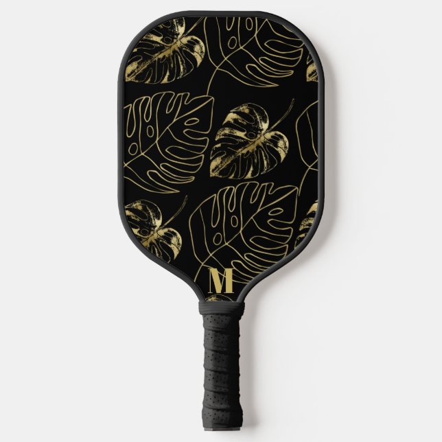 Black and Gold Palm Leaf Pattern | Modern Monogram Pickleball Paddle (Front)