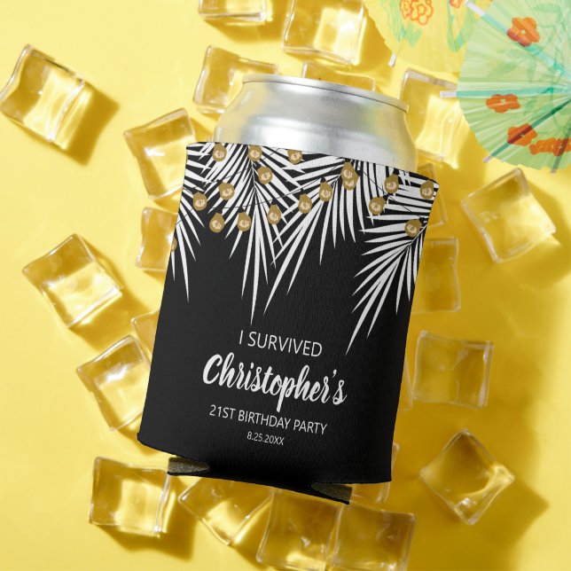 Black and Gold Palms Birthday Can Cooler (In Situ Summer)