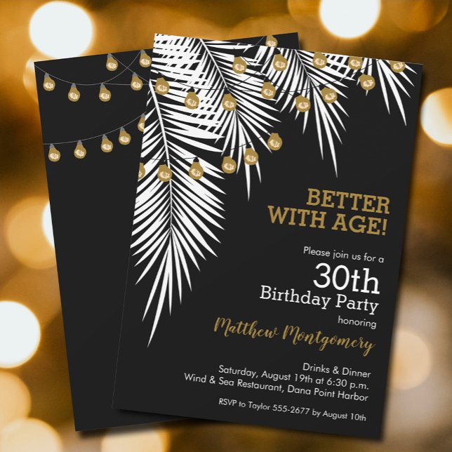 Black and Gold Palms Birthday Party Invitation (White Palms and string lights on black birthday party invitations, PRINTED and/or INSTANT DOWNLOAD)