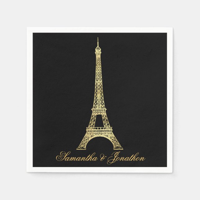 Black and Gold Parisian Eiffel Tower Wedding Napkin (Front)