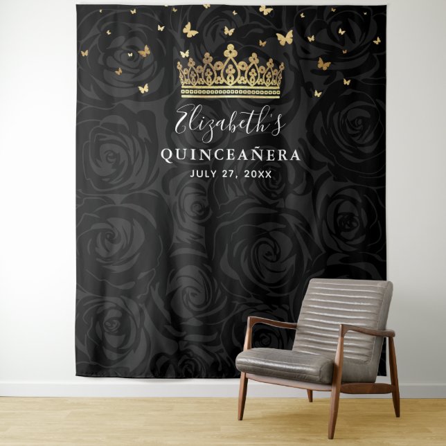 Black and Gold Party Photo Backdrop Tapestries (In Situ)